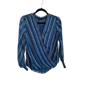 White House Black Market Stripe Blouse Coastal Office Chic Wrap Top